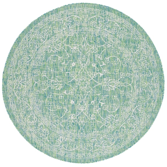 SAFAVIEH Courtyard Darin Botanical Indoor/Outdoor Area Rug, Green/Ivory, 7'10" x 7'10" Round