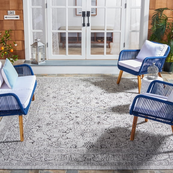 SAFAVIEH Courtyard Darin Botanical Indoor/Outdoor Area Rug, Grey/Black, 6'7" x 6'7" Square