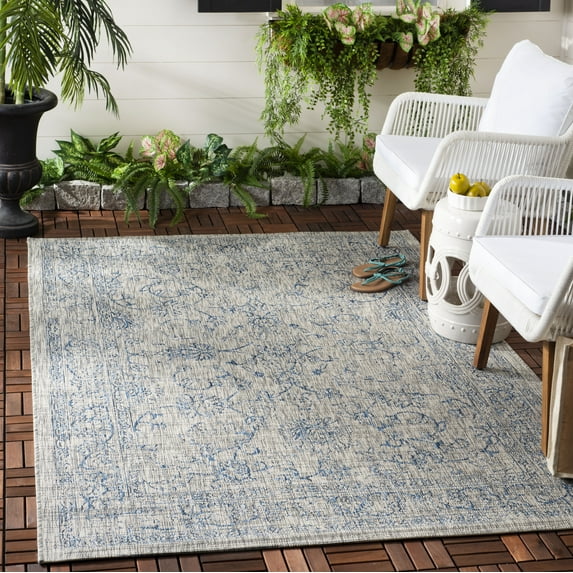 SAFAVIEH Courtyard Darin Botanical Indoor/Outdoor Area Rug, Grey/Navy, 4' x 5'7"