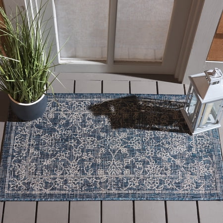 SAFAVIEH Courtyard Darin Botanical Indoor/Outdoor Area Rug, Navy/Ivory, 2' x 3'7"