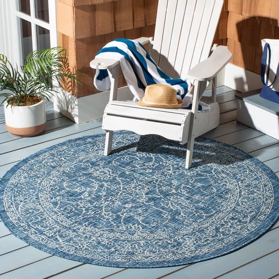SAFAVIEH Courtyard Darin Botanical Indoor/Outdoor Area Rug, Navy/Ivory, 5'3" x 5'3" Round