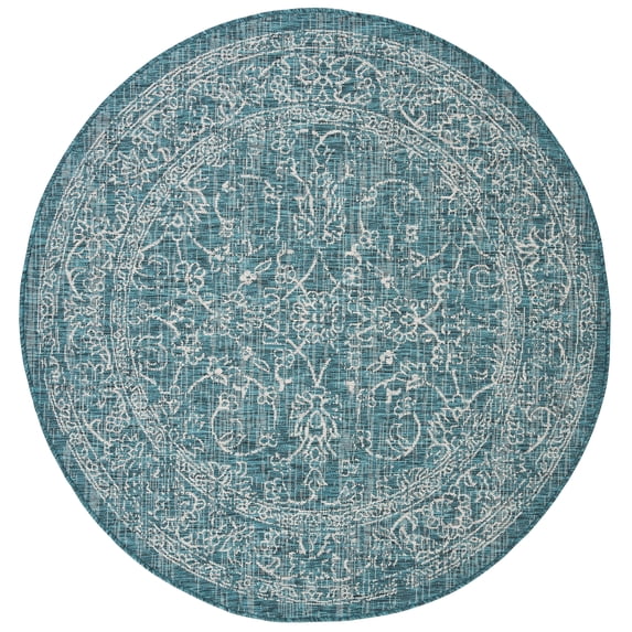 SAFAVIEH Courtyard Darin Botanical Indoor/Outdoor Area Rug, Turquoise, 4' x 4' Round