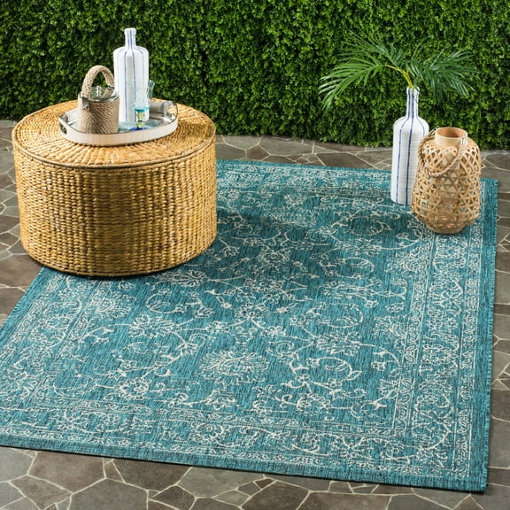 SAFAVIEH Courtyard Darin Botanical Indoor/Outdoor Area Rug, Turquoise, 4' x 4' Square