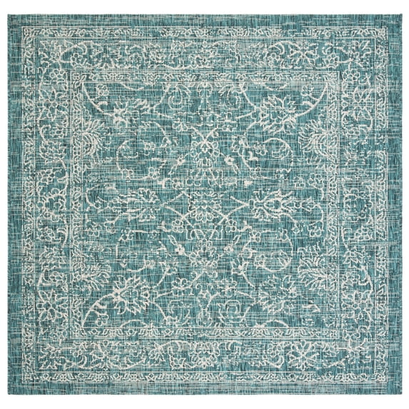 SAFAVIEH Courtyard Darin Botanical Indoor/Outdoor Area Rug, Turquoise, 4' x 4' Square