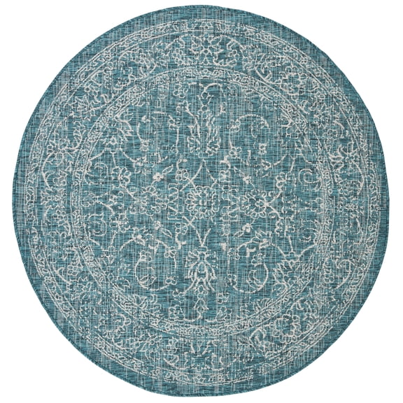 SAFAVIEH Courtyard Darin Botanical Indoor/Outdoor Area Rug, Turquoise, 5'3" x 5'3" Round