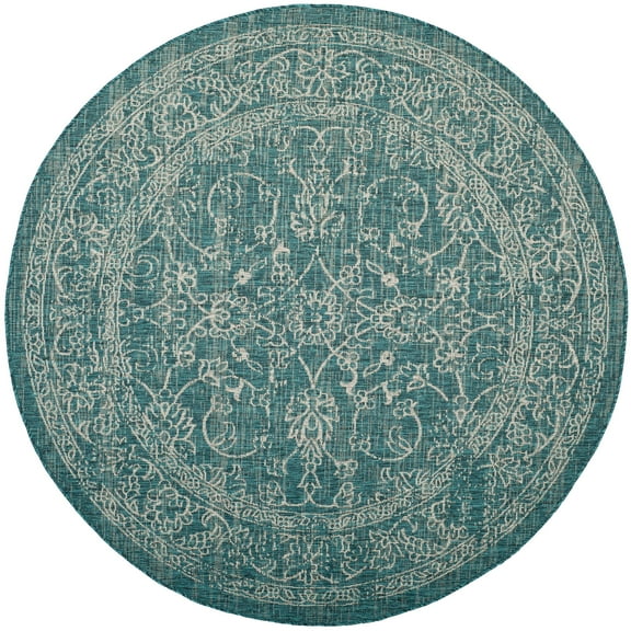 SAFAVIEH Courtyard Darin Botanical Indoor/Outdoor Area Rug, Turquoise, 6'7" x 6'7" Round