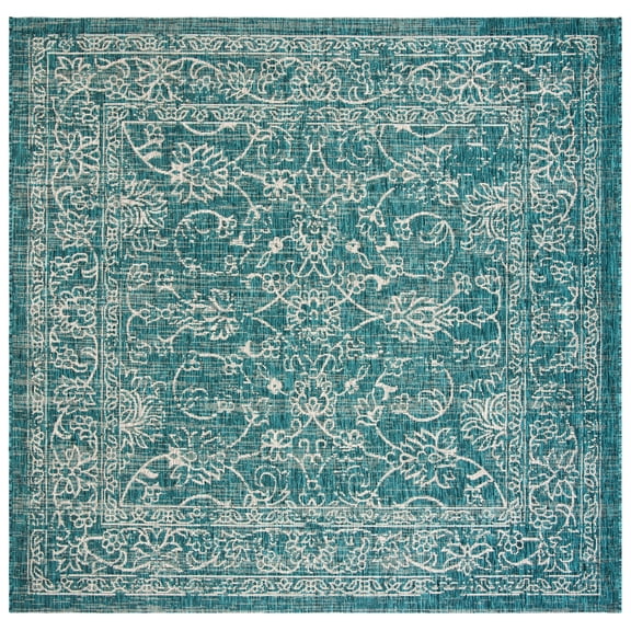 SAFAVIEH Courtyard Darin Botanical Indoor/Outdoor Area Rug, Turquoise, 7'10" x 7'10" Square