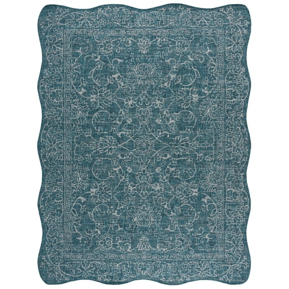 SAFAVIEH Courtyard Darin Botanical Indoor/Outdoor Area Rug, Turquoise, 8' x 10' Scalloped