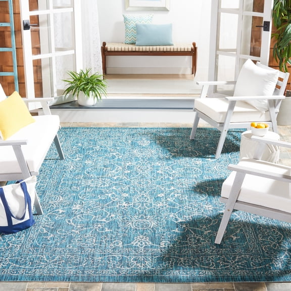 SAFAVIEH Courtyard Darin Botanical Indoor/Outdoor Area Rug, Turquoise, 9' x 12'