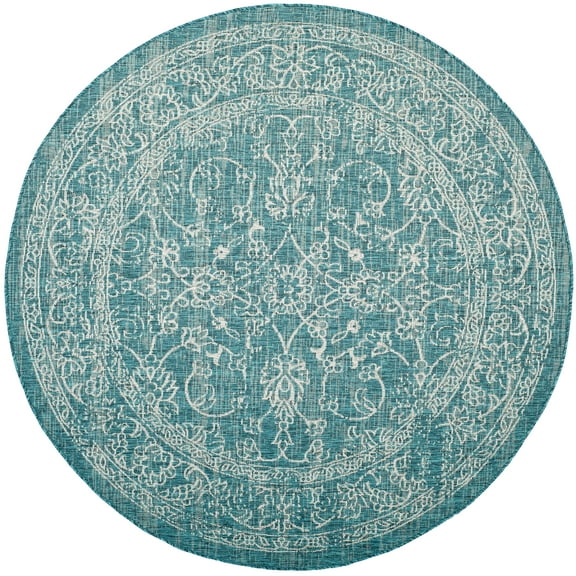 SAFAVIEH Courtyard Darin Botanical Indoor/Outdoor Area Rug, Turquoise, 9' x 9' Round