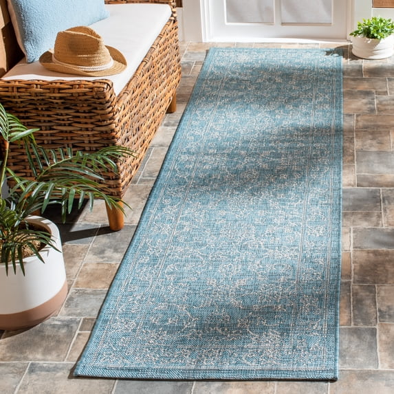 SAFAVIEH Courtyard Darin Botanical Indoor/Outdoor Runner Rug, Aqua/Grey, 2'3" x 20'