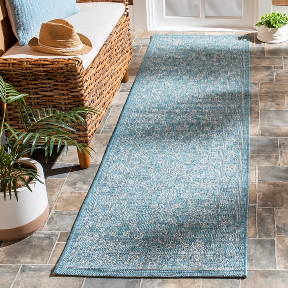 SAFAVIEH Courtyard Darin Botanical Indoor/Outdoor Runner Rug, Aqua/Grey, 2'3" x 22'