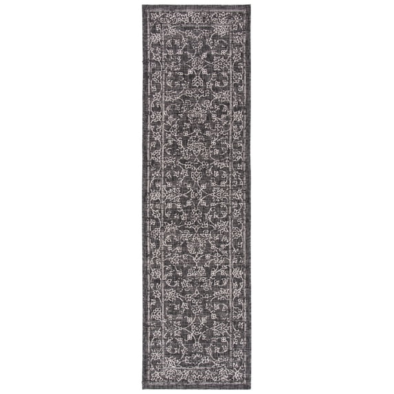 SAFAVIEH Courtyard Darin Botanical Indoor/Outdoor Runner Rug, Black/Ivory, 2'3" x 12'