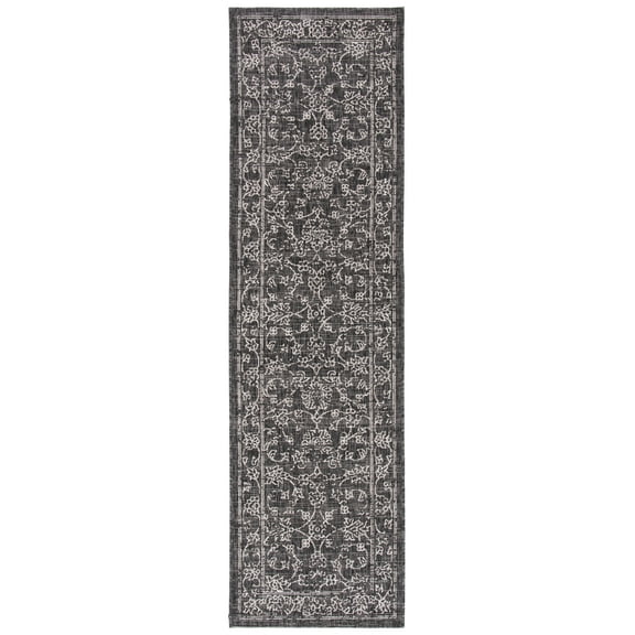 SAFAVIEH Courtyard Darin Botanical Indoor/Outdoor Runner Rug, Black/Ivory, 2'3" x 5'