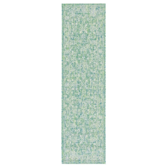 SAFAVIEH Courtyard Darin Botanical Indoor/Outdoor Runner Rug, Green/Ivory, 2'3" x 8'