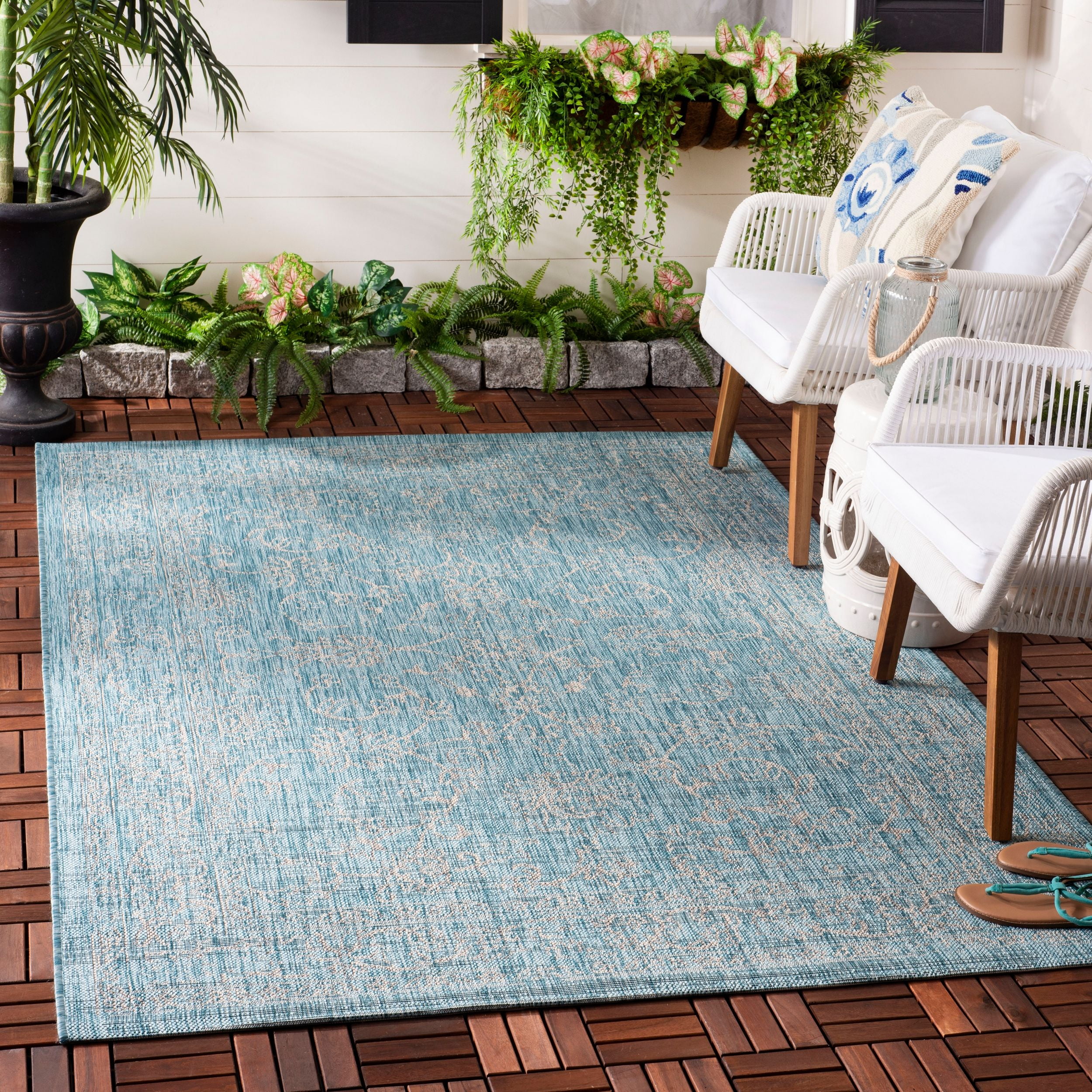 Aqua and Grey Flat Woven Synthetic Indoor/Outdoor Rug