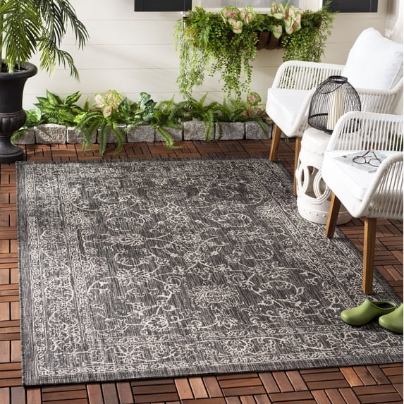 SAFAVIEH Courtyard Darin Traditional Indoor/Outdoor Area Rug, 5'3" x 5'3" Square, Black/Ivory