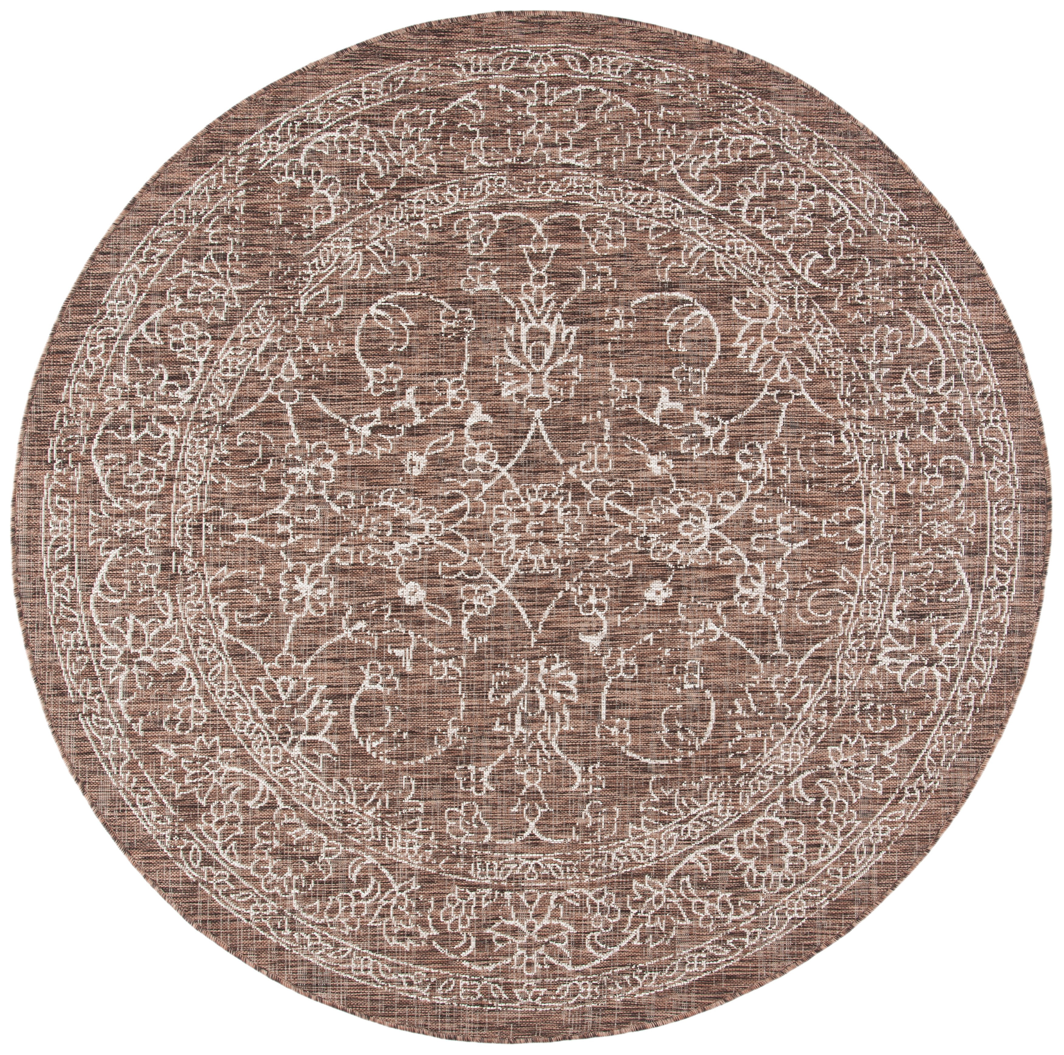 SAFAVIEH Courtyard Darin Traditional Indoor/Outdoor Area Rug, 6'7" x 6'7" Round, Brown/Ivory