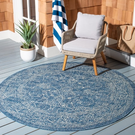 SAFAVIEH Courtyard Darin Traditional Indoor/Outdoor Area Rug, 7'10" x 7'10" Round, Navy/Ivory