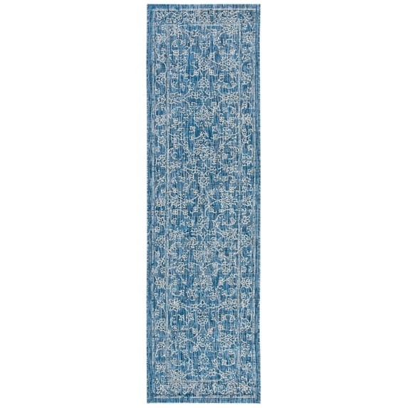 SAFAVIEH Courtyard Darin Traditional Indoor/Outdoor Runner, 2'3" x 10', Navy/Ivory