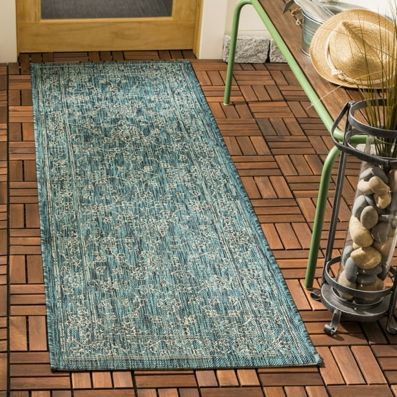 SAFAVIEH Courtyard Darin Traditional Indoor/Outdoor Runner, 2' x 8', Turquoise