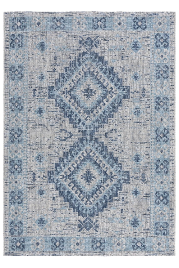 Courtyard Davin Aztec Indoor/Outdoor Area Rug, 5'3" x 7'7", Light Grey/Blue
