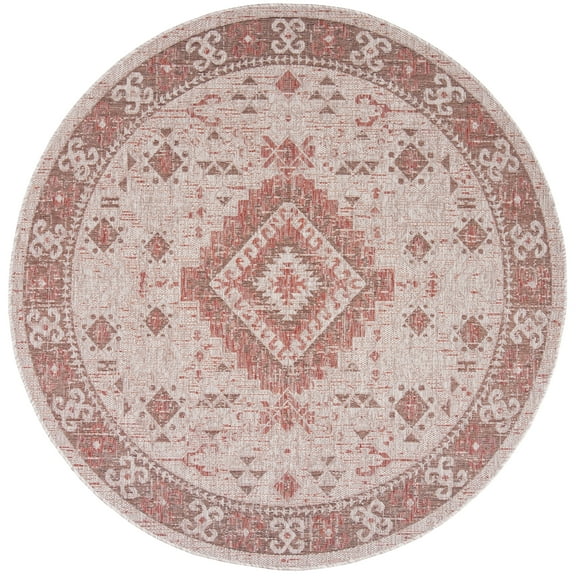 SAFAVIEH Courtyard Davin Aztec Indoor/Outdoor Area Rug, 6'7" x 6'7" Round, Beige/Red