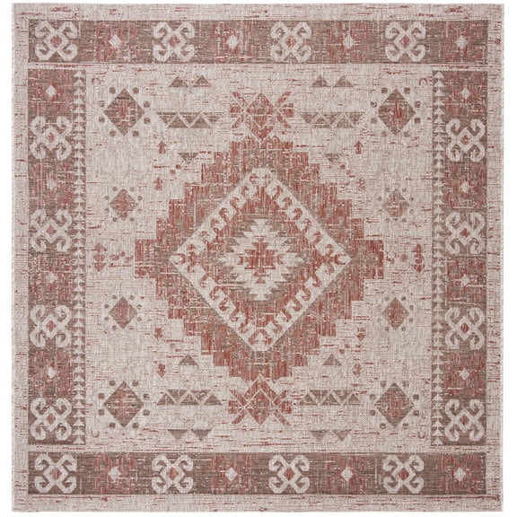 SAFAVIEH Courtyard Davin Aztec Indoor/Outdoor Area Rug, 6'7" x 6'7" Square, Beige/Red