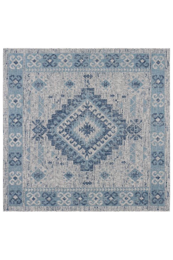 Courtyard Davin Aztec Indoor/Outdoor Area Rug, 6'7" x 6'7" Square, Light Grey/Blue
