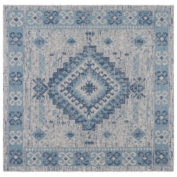 SAFAVIEH Courtyard Davin Aztec Indoor/Outdoor Area Rug, 6'7" x 6'7" Square, Light Grey/Blue