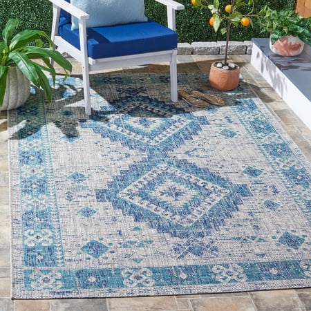 SAFAVIEH Courtyard Davin Aztec Indoor/Outdoor Area Rug, 8' x 11', Light Grey/Blue