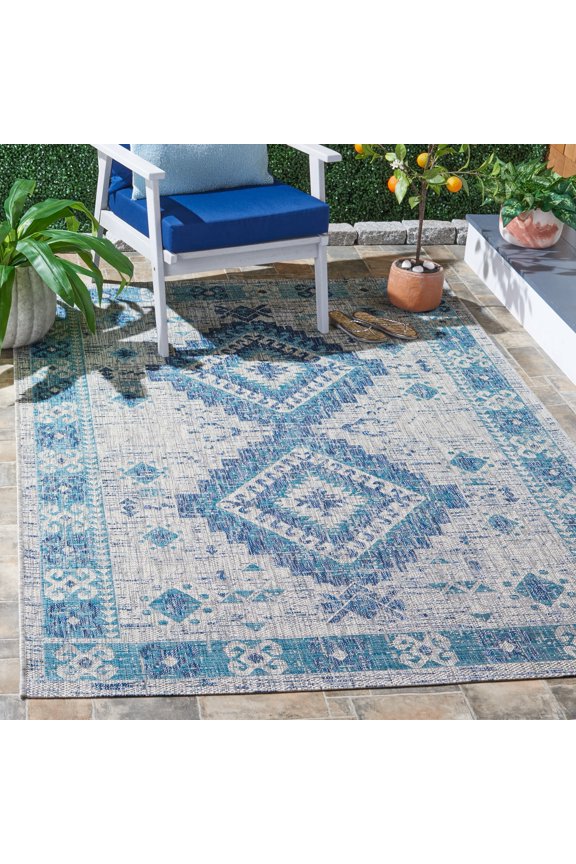 Courtyard Davin Aztec Indoor/Outdoor Area Rug, 9' x 12', Light Grey/Blue