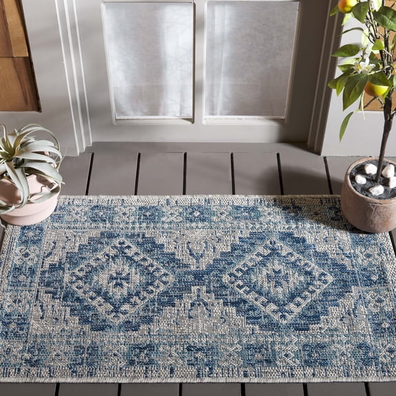 SAFAVIEH Courtyard Davin Geometric Indoor/Outdoor Area Rug, Light Grey/Blue, 2'7" x 5'