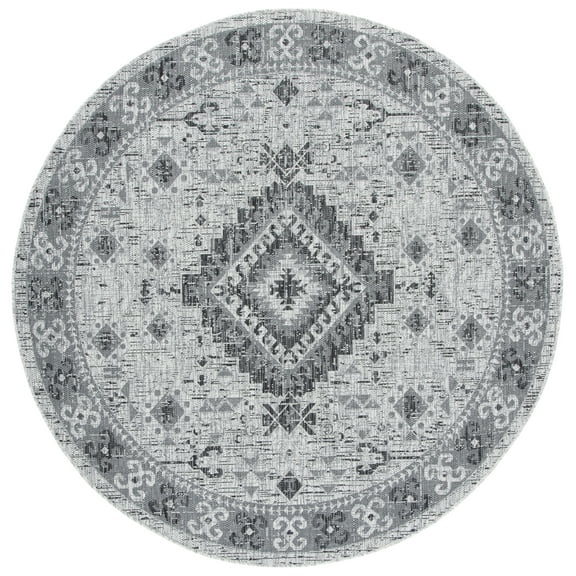 SAFAVIEH Courtyard Davin Geometric Indoor/Outdoor Area Rug, Light Grey/Charcoal, 6'7" x 6'7" Round