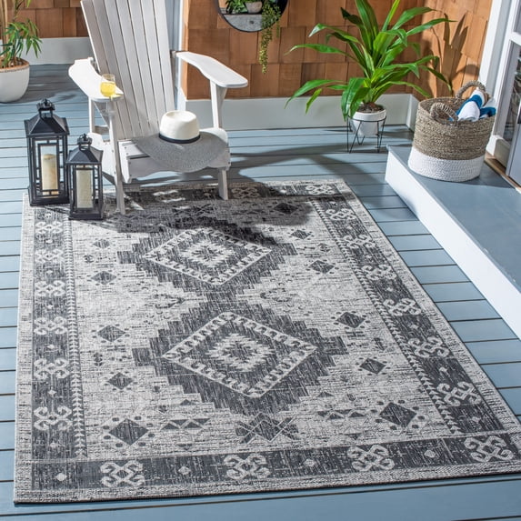 SAFAVIEH Courtyard Davin Geometric Indoor/Outdoor Area Rug, Light Grey/Charcoal, 6'7" x 9'6"