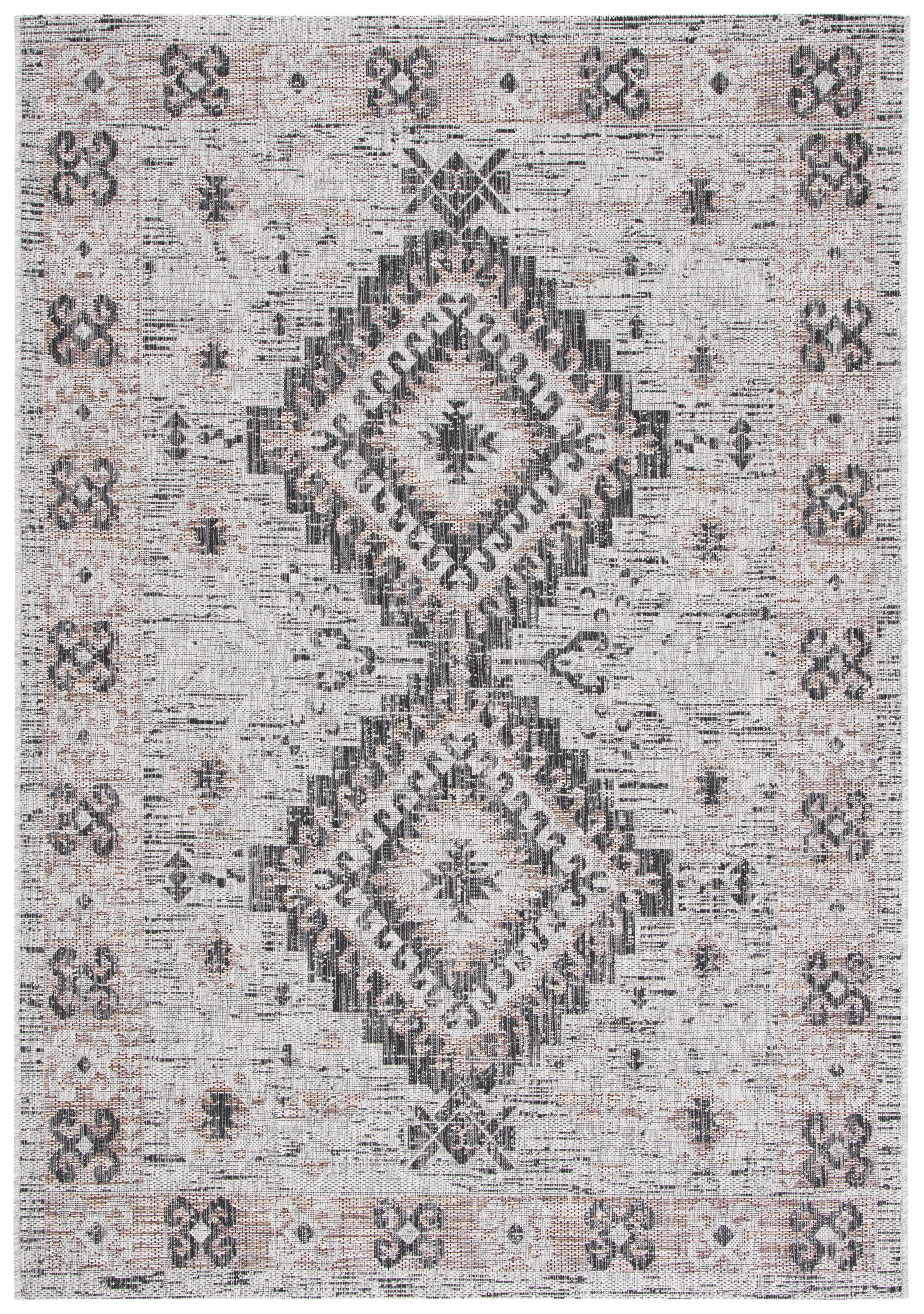 SAFAVIEH Courtyard Davin Geometric Indoor/Outdoor Area Rug, Light Grey/Light Beige, 6'7" x 9'6"