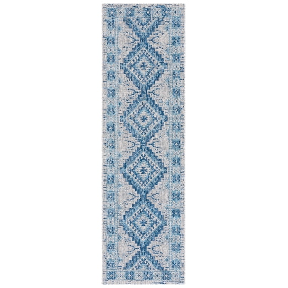 SAFAVIEH Courtyard Davin Geometric Indoor/Outdoor Runner Rug, Light Grey/Blue, 2'3" x 8'