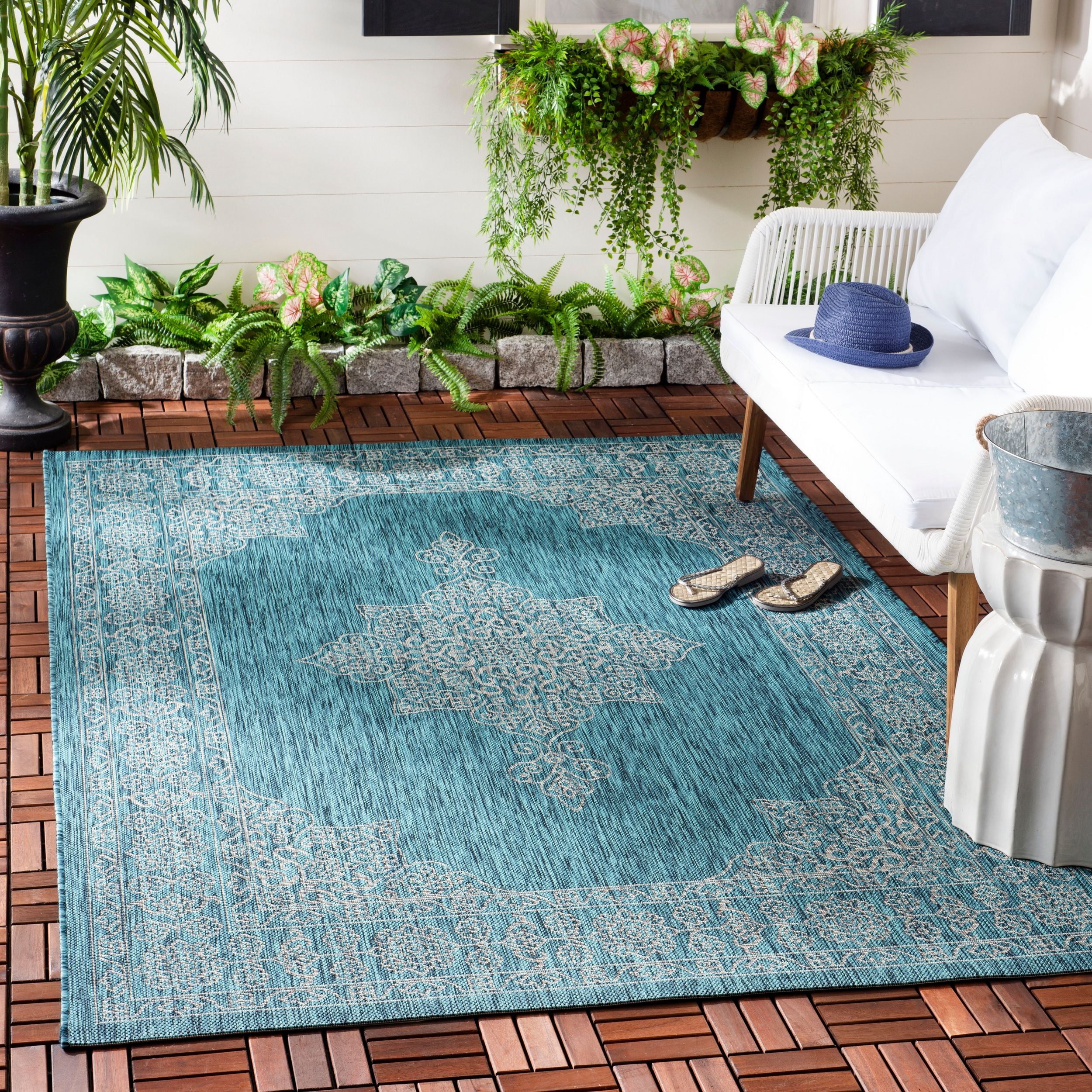 Teal and Ivory Rectangular Synthetic Indoor/Outdoor Rug