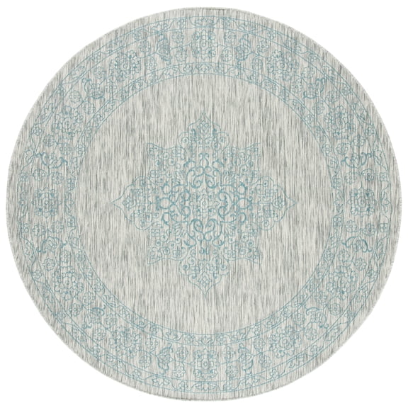 SAFAVIEH Courtyard Delbet Distressed Medallion Indoor/Outdoor Area Rug, 6'7" x 6'7" Round, Grey/Aqua