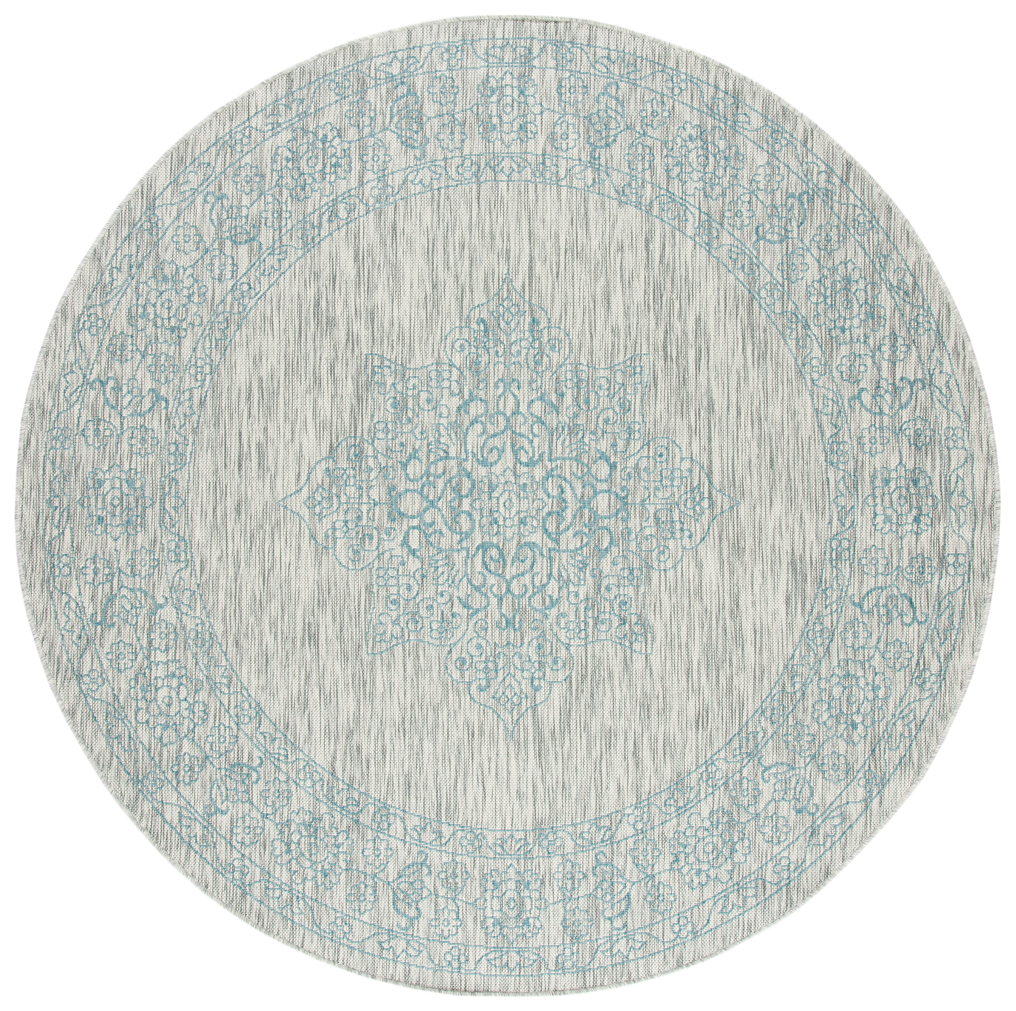 SAFAVIEH Courtyard Delbet Distressed Medallion Indoor/Outdoor Area Rug, 6'7" x 6'7" Round, Grey/Aqua