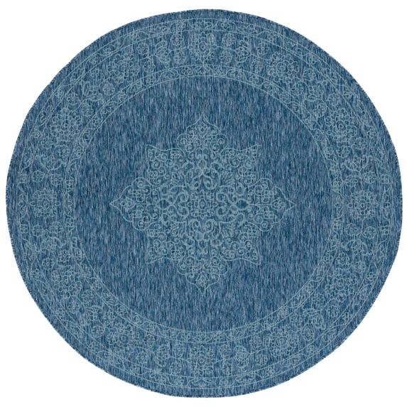 SAFAVIEH Courtyard Delbet Distressed Medallion Indoor/Outdoor Area Rug, 6'7" x 6'7" Round, Navy/Ivory