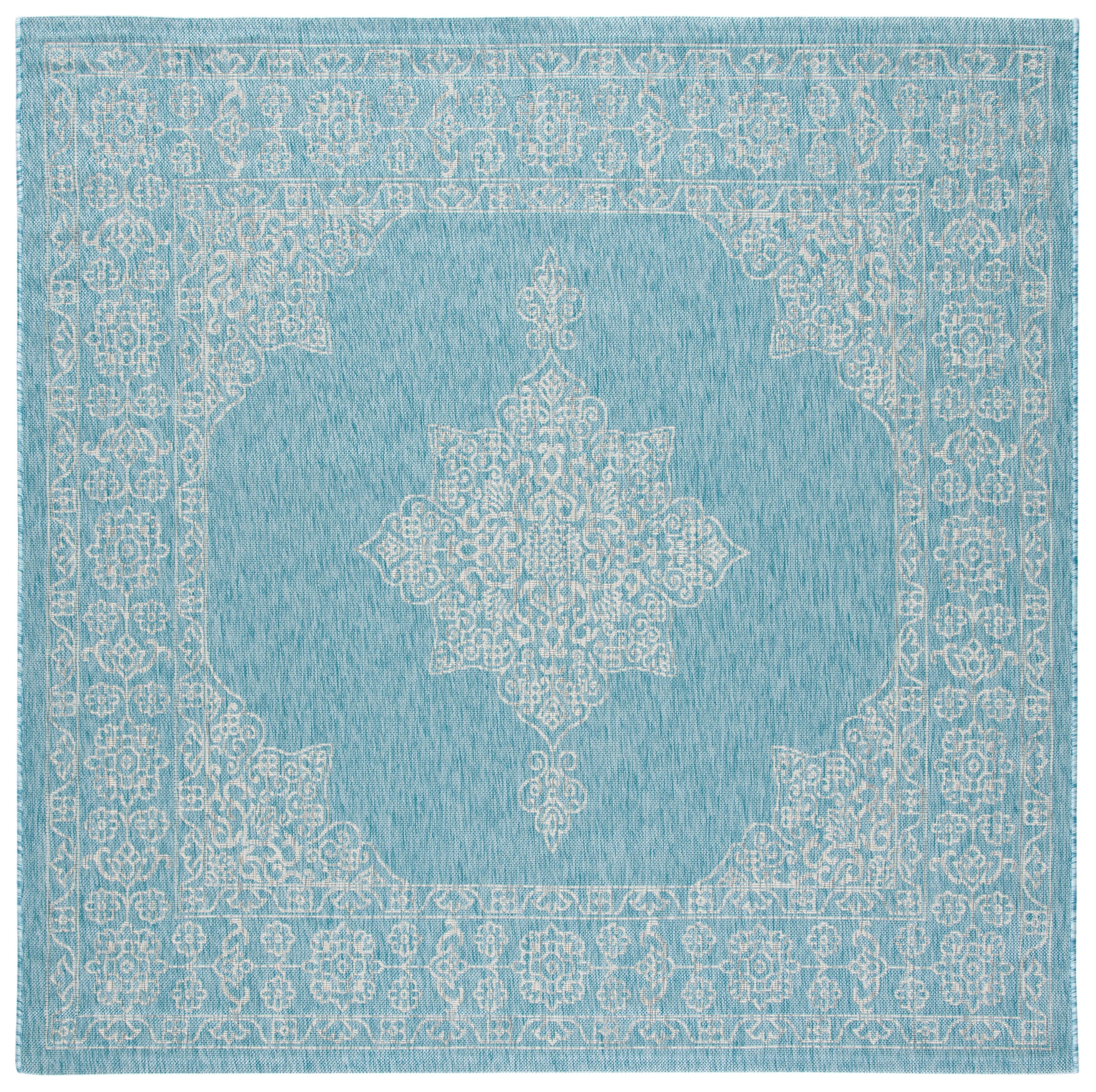 SAFAVIEH Courtyard Delbet Distressed Medallion Indoor/Outdoor Area Rug, 6'7" x 6'7" Square, Aqua/Grey
