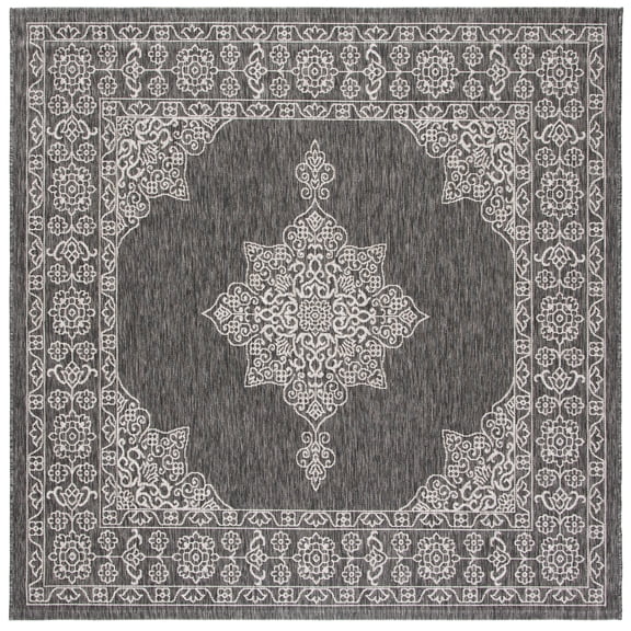 SAFAVIEH Courtyard Delbet Distressed Medallion Indoor/Outdoor Area Rug, 6'7" x 6'7" Square, Black/Ivory
