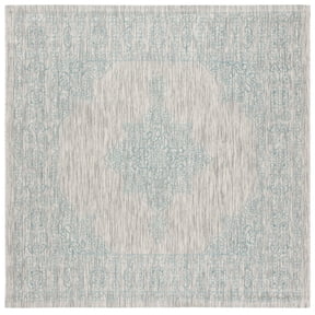 SAFAVIEH Courtyard Delbet Distressed Medallion Indoor/Outdoor Area Rug, 6'7" x 6'7" Square, Grey/Aqua