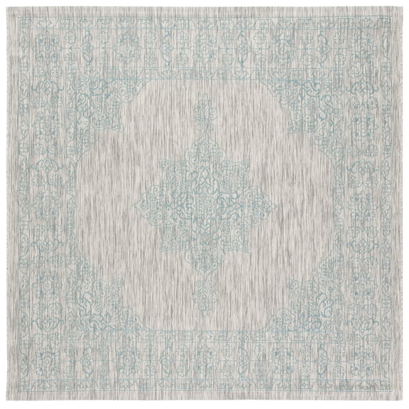SAFAVIEH Courtyard Delbet Distressed Medallion Indoor/Outdoor Area Rug, 6'7" x 6'7" Square, Grey/Aqua