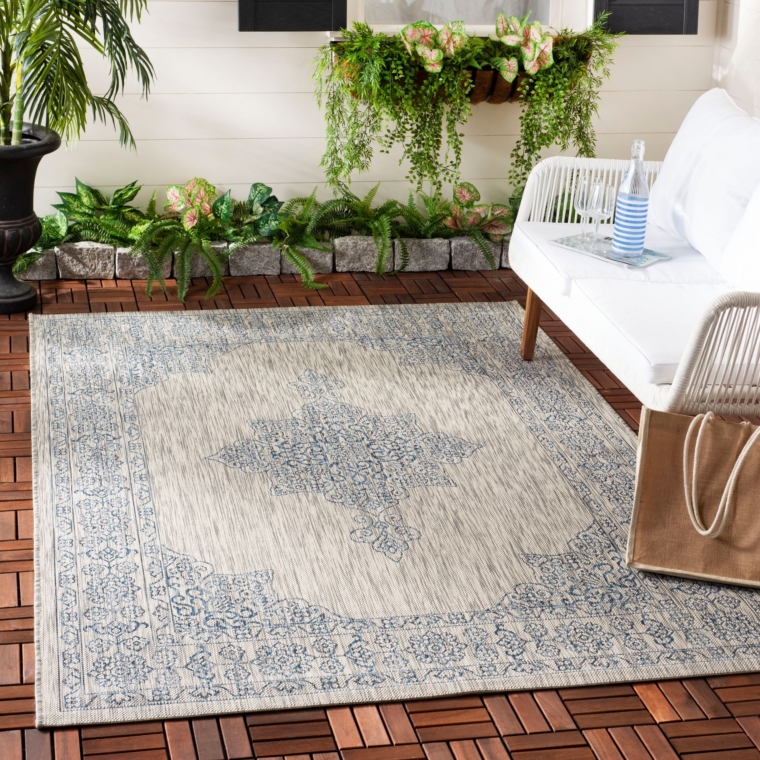 Sleek Gray/Navy Synthetic 6'7" Square Indoor/Outdoor Rug