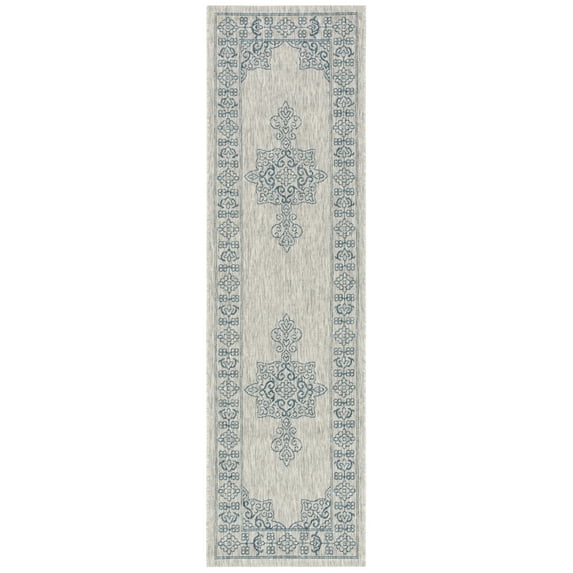 SAFAVIEH Courtyard Delbet Distressed Medallion Indoor/Outdoor Runner, 2'3" x 8', Grey/Navy