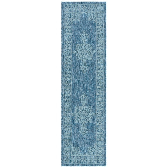 SAFAVIEH Courtyard Delbet Distressed Medallion Indoor/Outdoor Runner, 2'3" x 8', Navy/Ivory