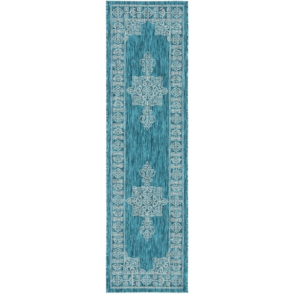 SAFAVIEH Courtyard Delbet Distressed Medallion Indoor/Outdoor Runner, 2'3" x 8', Teal/Ivory