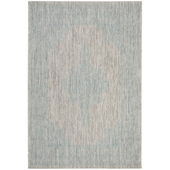 SAFAVIEH Courtyard Delbet Medallion Indoor/Outdoor Area Rug, Grey/Aqua, 4' x 5'7"